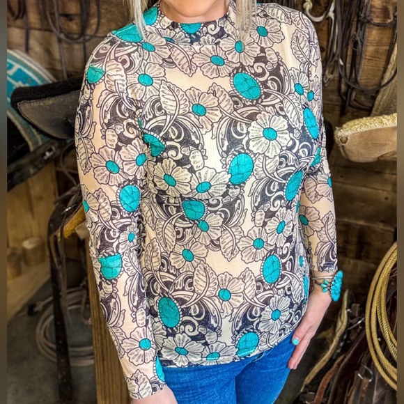 Tops - Floral Print Sheer Top - Blue and Black